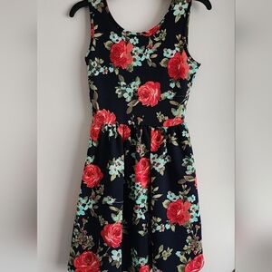 Floral Fit & Flare Dress - Dark Blue with Red Rose Print